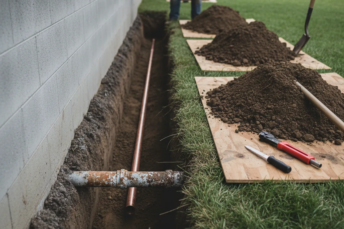 Excavated water line trench during Sewer Line Repair in Cresson